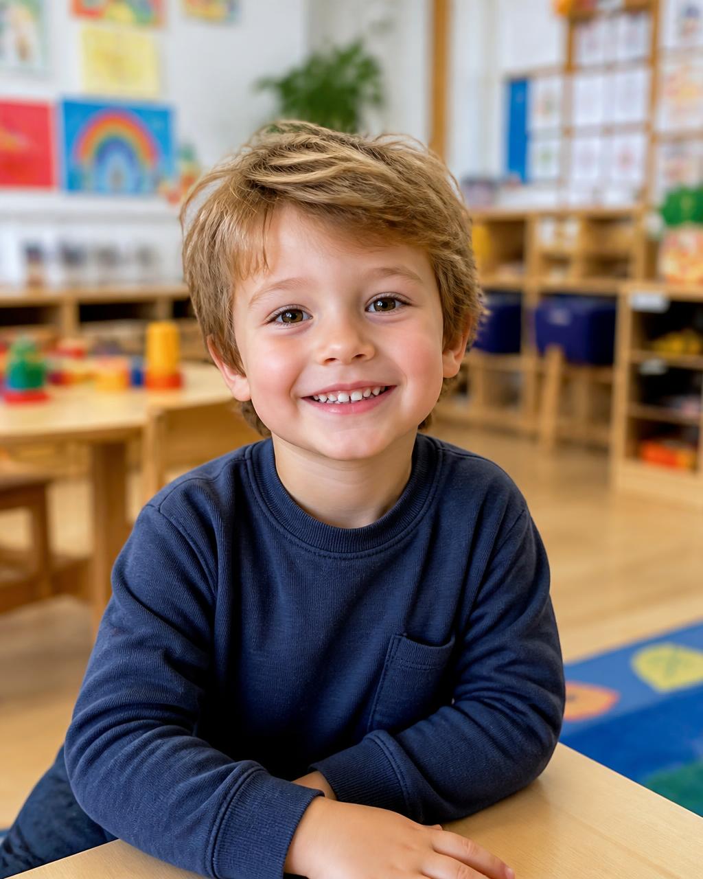 Criança sorrindo em sala de creche colorida e acolhedora